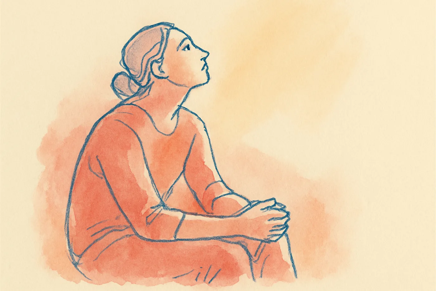 손을 모으고 따뜻한 빛을 올려다보는 사람의 일러스트
